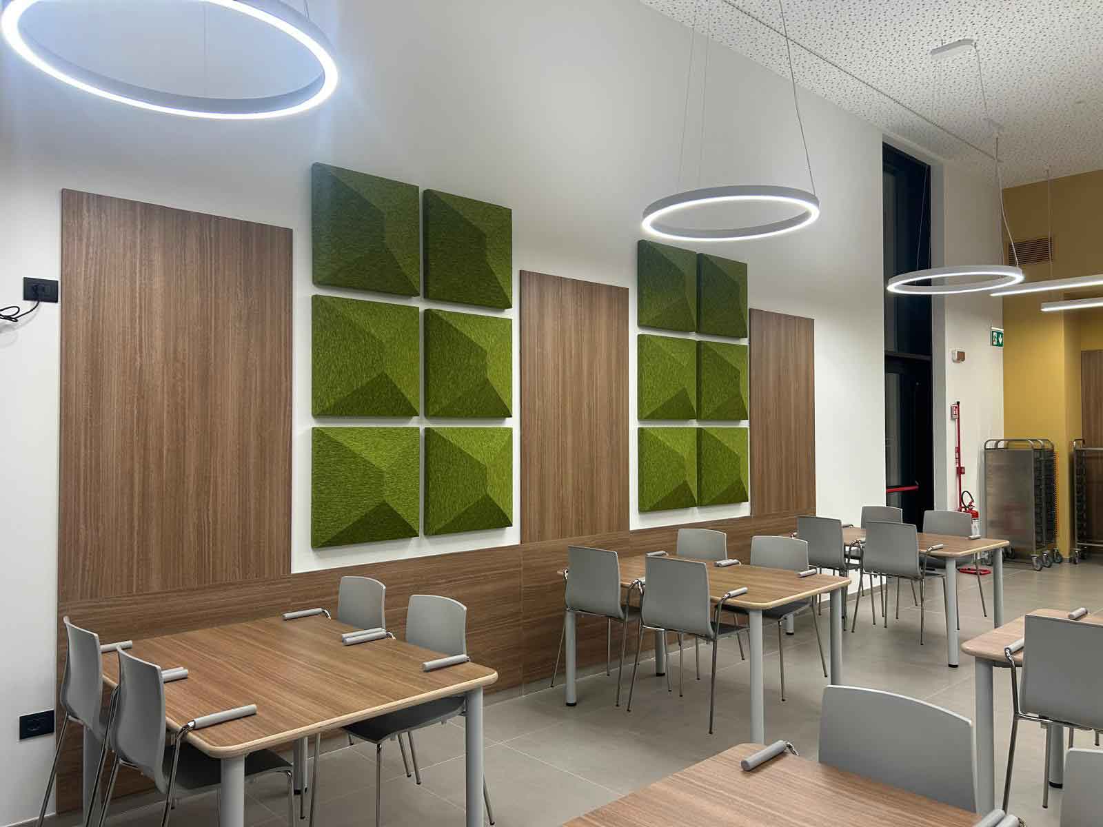 Pannelli fonoassorbenti Pyramid per Lega del Filo d'Oro Osimo, Ancona. Mensa Aziendale